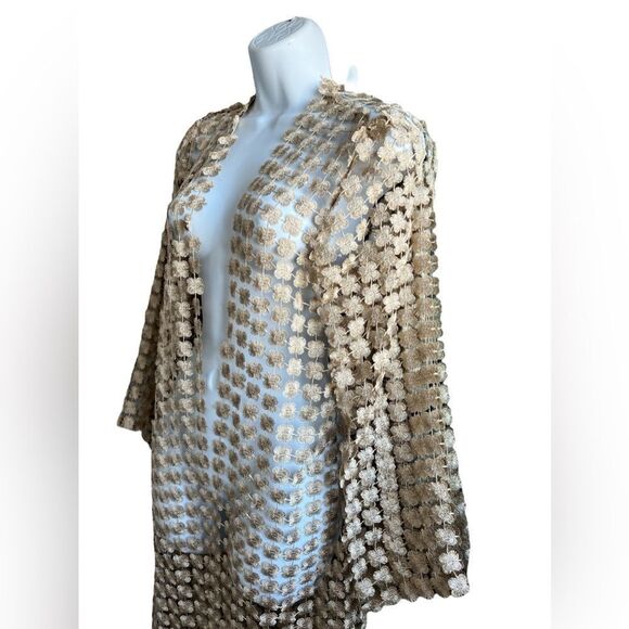 QUII Long Cardigan Lurex Floral Net Duster Cover Up Gold Color Size S - Picture 2 of 7